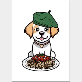 Cute Happy Dog is eating spaghetti Posters and Art